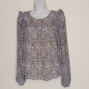 Very J Blouse Womens Small Brown Animal Print Peasant‎ Sheer Lined Ruffle Sleeve